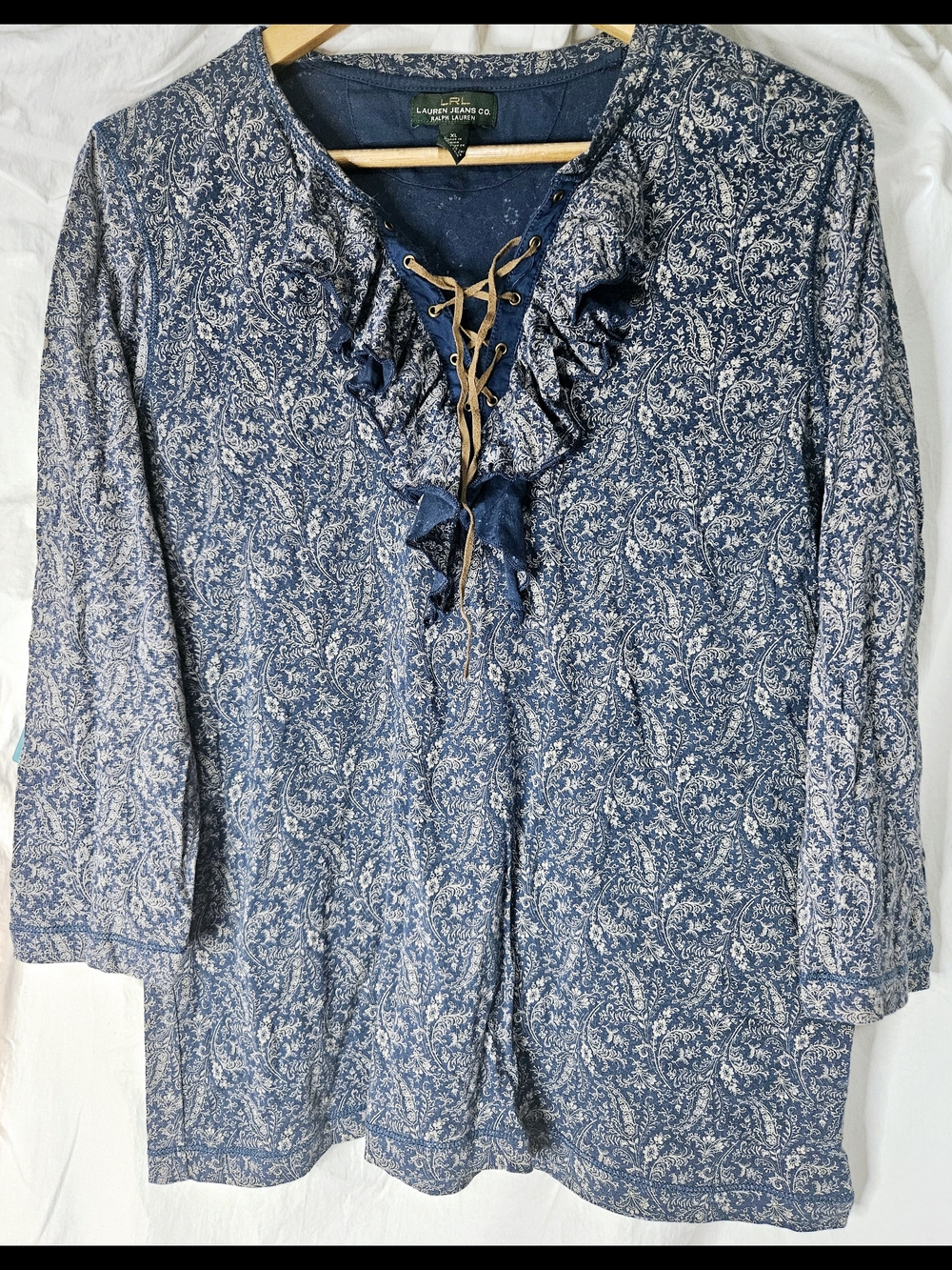 Ralph Lauren Jean Co.  Y2k Ruffle 3/4 Sleeve Lace Up Blue Blouse